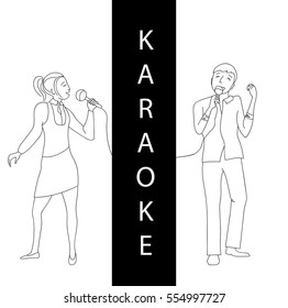 Woman and man singing into microphone, Couple sing in karaoke party, Line doodle style vector