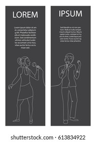 Woman and man singing into microphone, Couple sing in karaoke party, Line doodle style vector vertical banners