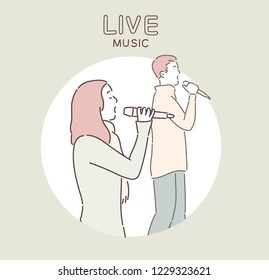 Eine Frau und ein Mann singen auf der Bühne. handgezeichnete Vektordesign-Illustrationen.