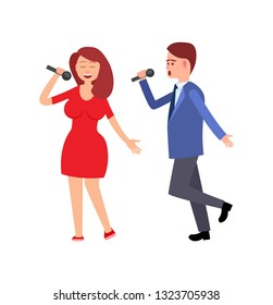 Woman and man singing song with microphone flat style isolated. Concert and couple of artists in casual clothes, performance girl and boy musicians vector