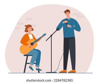 Woman and man singing. Young girl with guitar and guy with microphone perform on stage. Music group, show and perfomance. Singer and guitarist. Cartoon flat vector illustration