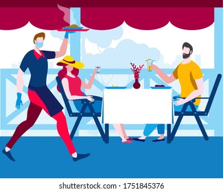 A woman and a man sit on a summer terrace in a cafe and are served by a waiter in a mask and gloves. Vector illustration in flat style on the theme of catering during the coronovirus epidemic.