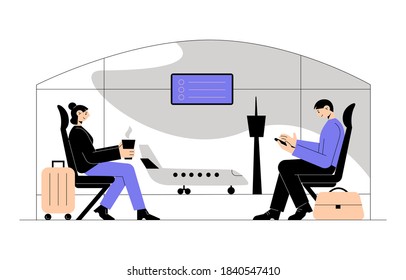 Woman and man sitting in airport terminal departure lounge with chairs and information panels, big airport window, airplan, sky, airplane. Business travel concept. Flat vector illustration.