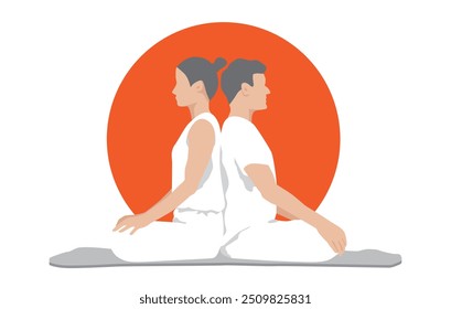 Eine Frau und ein Mann, die sich von hinten nach hinten lehnen und gemeinsam Yoga und Meditation üben, in Weiß gekleidet, Vektorgrafik