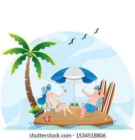 Woman and man sitting at chair with umbrella, surfboard and palm tree in the beach Vector illustration