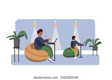 Woman and man sitting in chair and working on laptops. Concept of increasing productivity and efficiency in business. Contemporary coworking center. Vector flat illustration in blue colors
