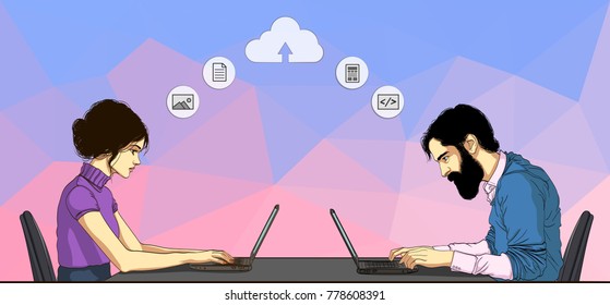 Woman and man are sitting at laptop and writing. Vector illustration of cloud service for remoting work of a team.