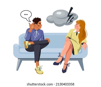 A woman and a man are sitting on the couch and quarreling with each other. The concept of a family quarrel, divorce. Domestic conflict, life crisis, problems in relationships. Vector