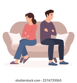 A woman and a man are sitting on the couch and don't want to talk to each other.Family quarrel, relationship conflict and misunderstanding in couple. Vector Illustration