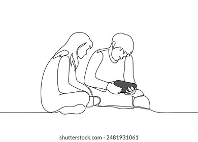 woman and man are sitting on the floor, man is holding a tablet in his hands - one line art vector. concept friends, siblings, couple, students. Handmade vector not AI