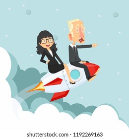 woman and man Sitting On on a Flying rocket
