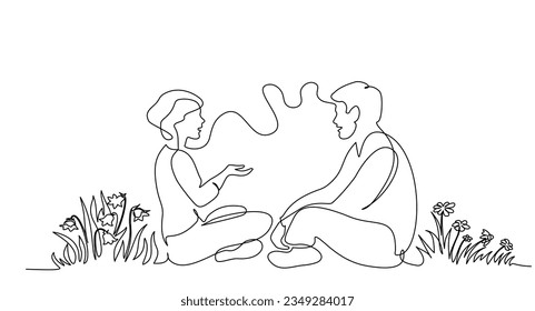 Woman and man sitting on grass field together and talking. Friends rest and communicate. Continuous one line art drawing style. Vector illustration