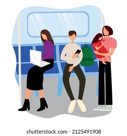 Woman And A Man Are Sitting On A Passenger Train In A Subway Car With A Laptop And A Mobile Phone, Working Or Relaxing On The Road. Give Up The Seat To Mom And Baby. Cartoon Vector Illustration