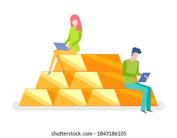 Woman and man sitting on pile of gold with notebooks. Investment concept, cartoon style female and male on golden bar isolated cartoon people on white
