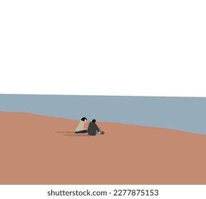 woman and man sitting on the sand of a beach by the sea enjoying view. Tropical destination vacation. Romantic couple on the beach