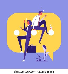 Woman and man sitting on speech bubble sign. Discussion of business people. businessmen discuss social network, news, chat, dialogue speech bubbles. Vector illustration in flat style