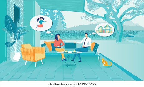 Woman and Man Sitting on Terrace near Luxury House Flat Cartoon Vector Illustration. Female Charcter Thinking about Daughter or Child, Guy Dreaming about Expensive Beautiful Mansion.