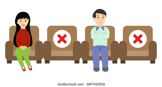 Woman and man sitting in Public Chairs keeping the social distancing cartoon vector