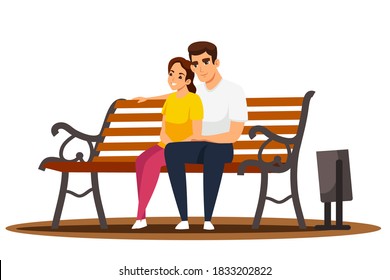 Woman and man sitting in public city park illustration. Healthy lifestyle outdoor vector. Young romantic couple sitting on bench in city park isolated on white background.