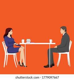 Woman and man sitting sideways at the tabe. Business people talking. Office clerk working with customer. Cartoon people cafe meeting, conversation.  Flat style illustration. 