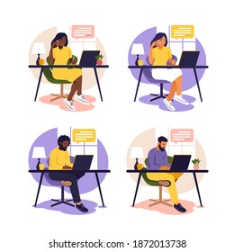 Woman and man sitting table with laptop and phone. Working on a computer. Freelance, online education or social media concept. Studying concept. Flat style.