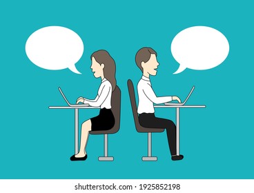 Woman and man sitting at table and speech bubble on blue background. Character design, chatting box. Vector illustration.