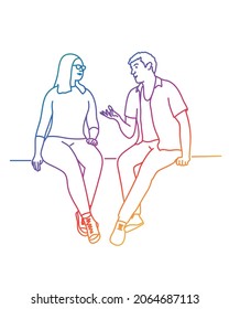 Woman and man sitting together talking. Rainbow color. Sketch vector illustration.