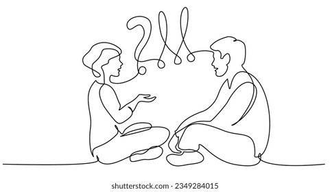 Woman and man sitting together and talking. Friends rest and communicate. Continuous one line art drawing style. Vector illustration