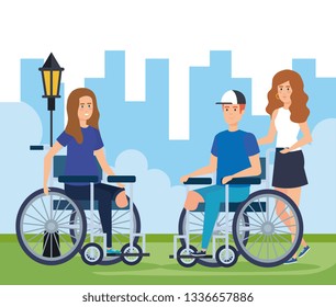 woman and man sitting in wheelchair without leg