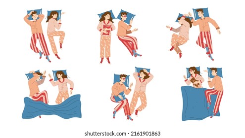 Woman and man sleep in different poses top view. Vector illustration of couple sleepers in pyjama and mask relax in various positions on bed with pillows and blanket