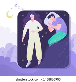 Woman and man sleep. Person rest in the bed on the pillow late at night. Peaceful dream and relax. Vector illustration in cartoon style