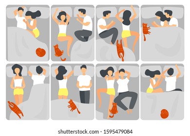 Woman and man sleeping poses flat vector illustrations set. People and cat asleep. Boyfriend and girlfriend cartoon characters relaxing. People resting in bed in different positions collection.