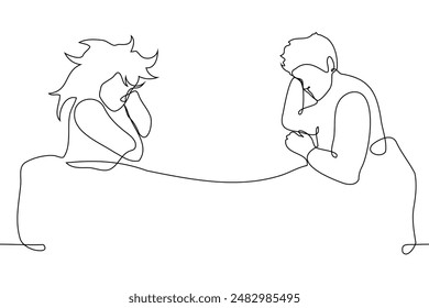 woman and man sleeping under one blanket far apart - one line art vector. concept of couple sleeping together, bedding and sleep. Handmade vector not AI