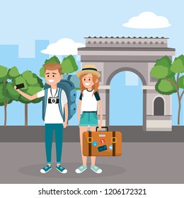 woman and man with smartphone and briefcase in the arc triomphe