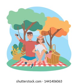 woman and man with smartphone selfie and food in the hamper