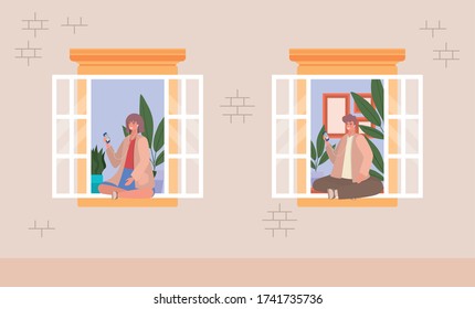 Woman and man with smartphone at window design, Architecture and quarantine theme Vector illustration