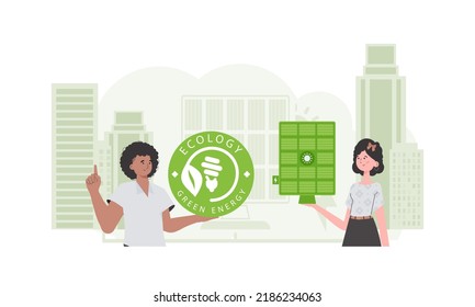 Woman and Man and solar panel. Green energy concept. Vector.