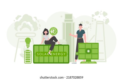 Woman and Man and solar panels. Eco energy concept. Vector illustration.