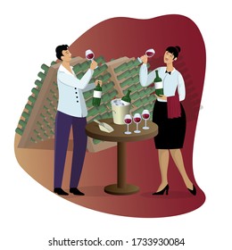 Woman and man sommeliers tasting wine and holds bottles in hands, standing near table with accessories for degustation against the background of wine cellar with bottles racks. Flat cartoon vector