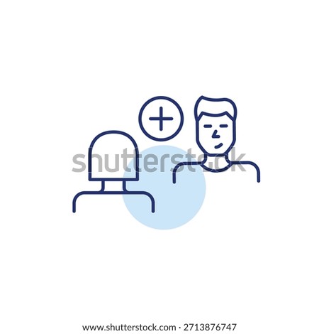 Woman and man speaking at interview or date and plus symbol. Chat add, new contact. Pixel perfect, editable stroke vector icon
