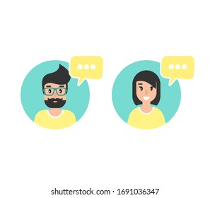 woman and man with speech bubbles set. Talk, chat message, communicate, messenger concept . flat vector illustration  on white background. Hints and tints. Questions and answers.