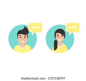 mujer y hombre con burbujas de habla. Habla, chatea, comunica, concepto de mensajero. ilustración vectorial plana sobre fondo blanco. Pistas y tintes. Preguntas y respuestas.