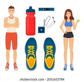 Woman and man sport isolated icons set vector. Water in bottle and sneakers, headphones and mp3 player for music, fitness watch to track heart rate