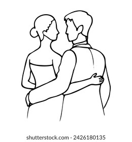 woman and a man stand hugging and looking at each other. hand drawn bride and groom in profile drawing