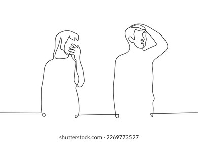 woman and man stand and look at something in great shock or fright - one line drawing vector. concept shocked audience, frightened parents