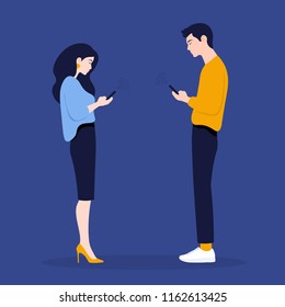 A woman and a man stand in profile and look in their phones. Smartphones and technologies. Communication. Vector Flat Illustration