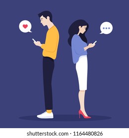 A woman and a man stand in profile and look in their phones. Smartphones and technologies. Communication. Vector Flat Illustration