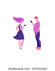 A woman and a man stand in profile and look in their phones. Smartphones and technologies.