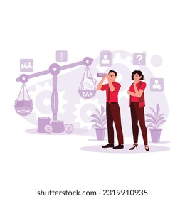 Woman and man standing with binoculars, tax and income scales background. Trend Modern vector flat illustration.