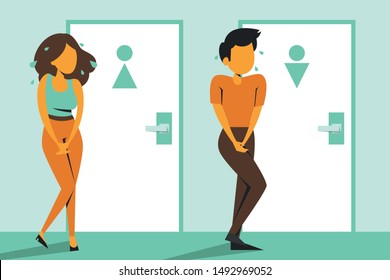 Woman and man standing at the closed toilet door and want to pee vector isolated. Person with a full bladder, desperation and stress.